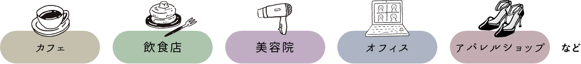 「カフェ」「飲食店」「美容院」「オフィス」「アパレルショップ」など