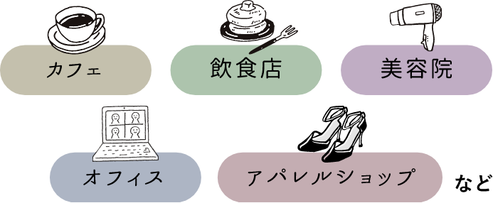 「カフェ」「飲食店」「美容院」「オフィス」「アパレルショップ」など